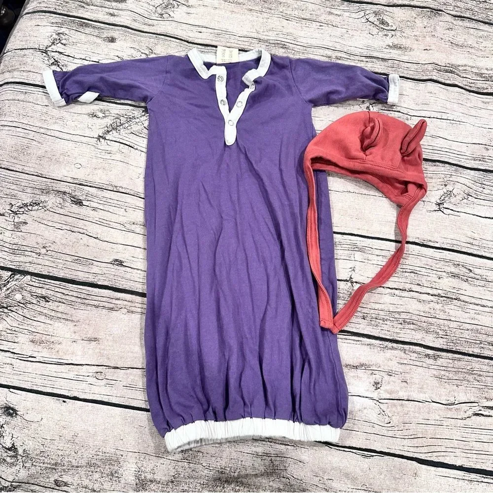 Kate Quinn Organic Purple Baby Gown and Red Hat with Chin Straps & Ears Size 0-3